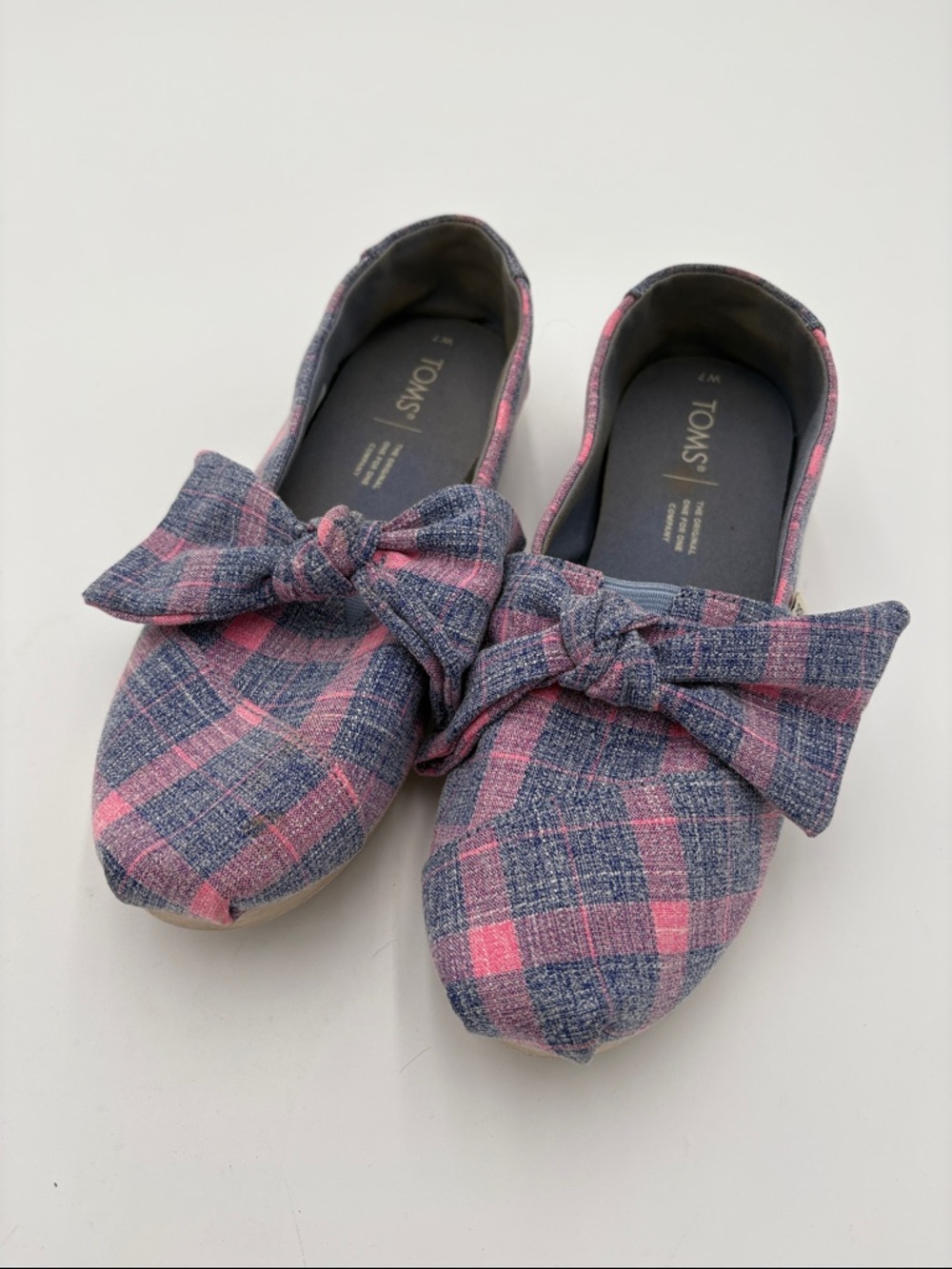 TOMS Pink and Blue Plaid Bow Flats